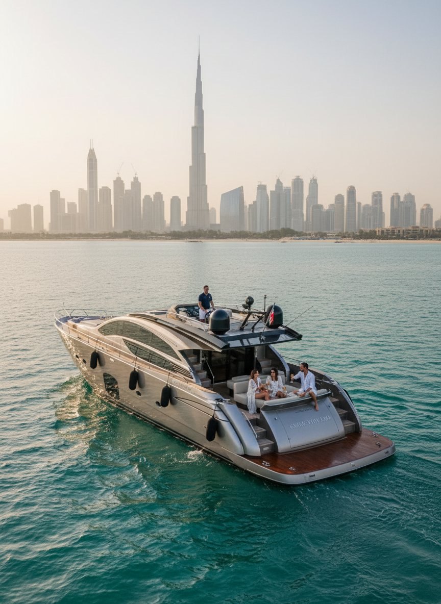 Bright overhead perspective of a yacht captain steering guests across Dubai waters