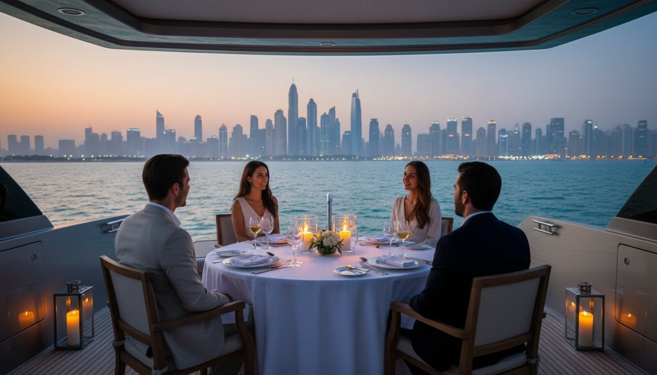 Candlelit dinner table set on a yacht deck facing glowing Dubai Marina lights