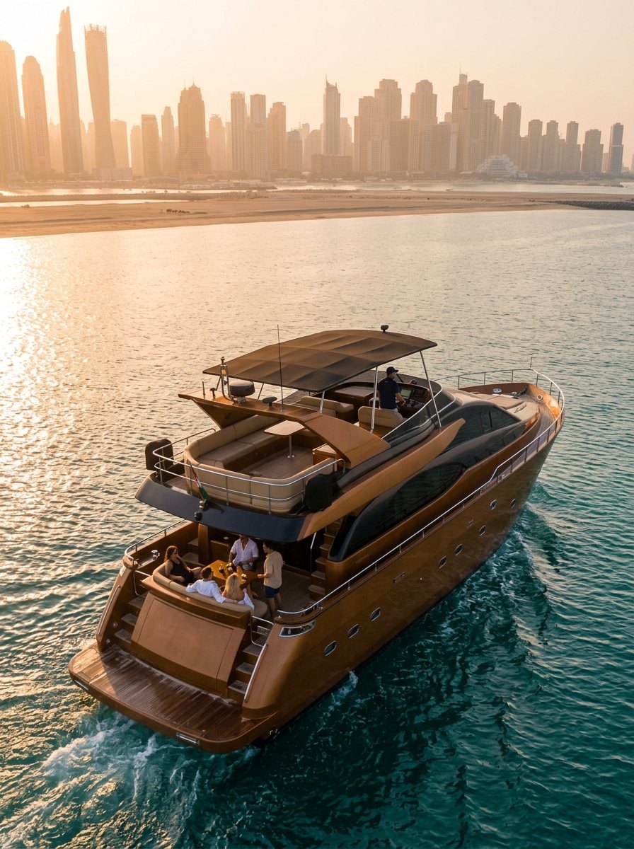 Captain steering a luxury motor yacht while guests relax on the stern