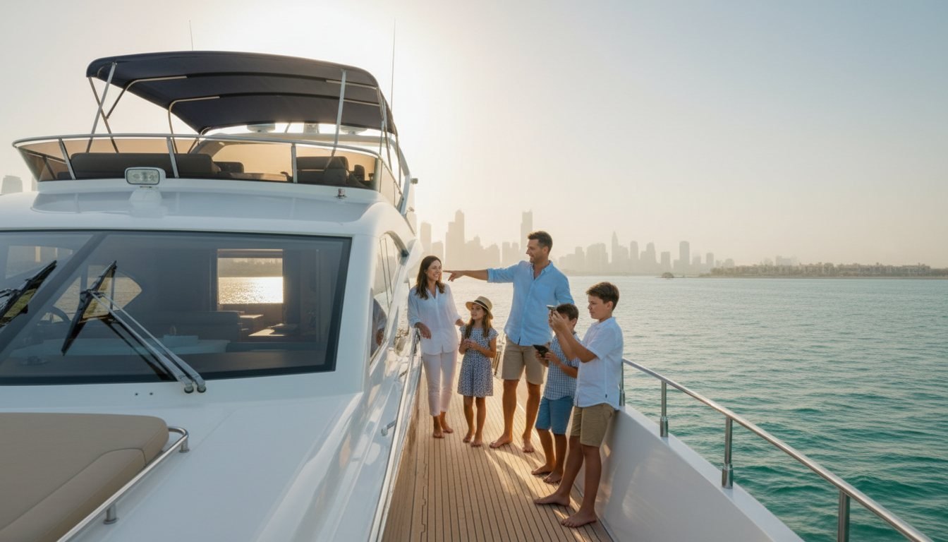 Family relaxing together on a yacht deck facing the sunny Dubai coast