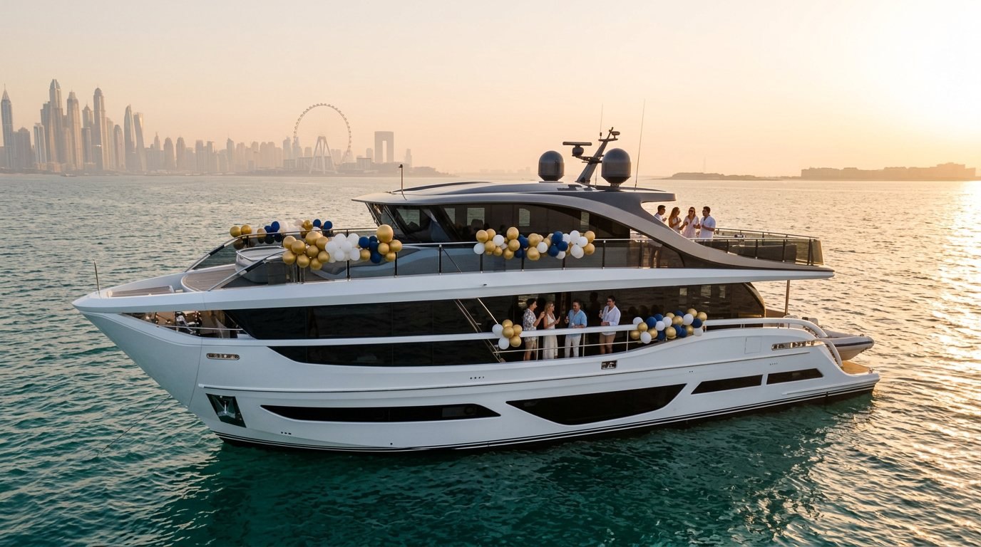 Guests celebrating with colorful balloons on a yacht deck off the Dubai coast