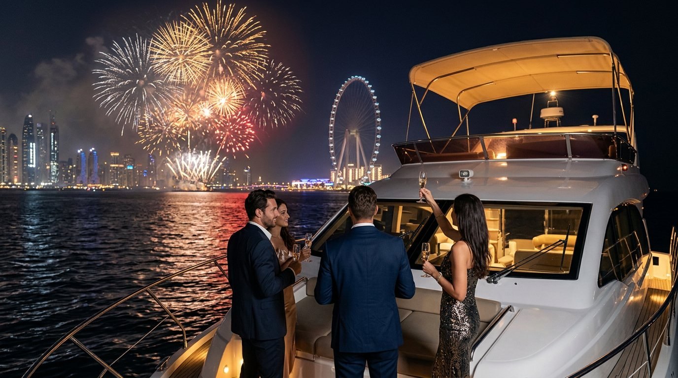 Guests holding drinks on deck while vibrant fireworks illuminate the Dubai skyline