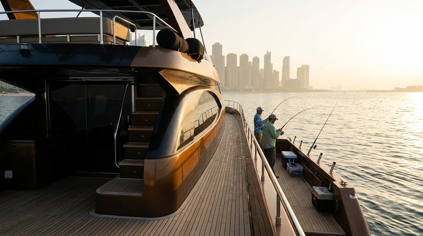 Two anglers holding fishing rods at the stern of a boat off Dubai