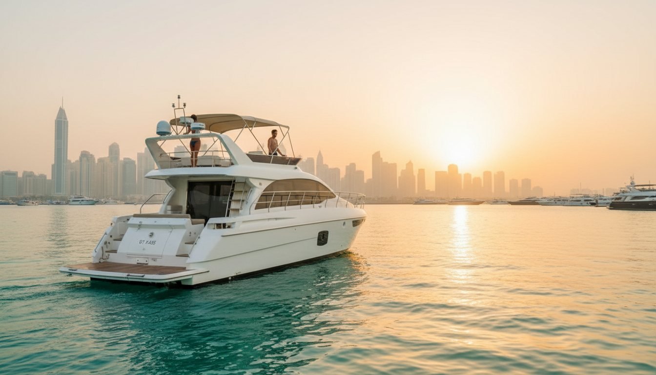Water-level view of luxury berths and illuminated towers across Dubai Marina