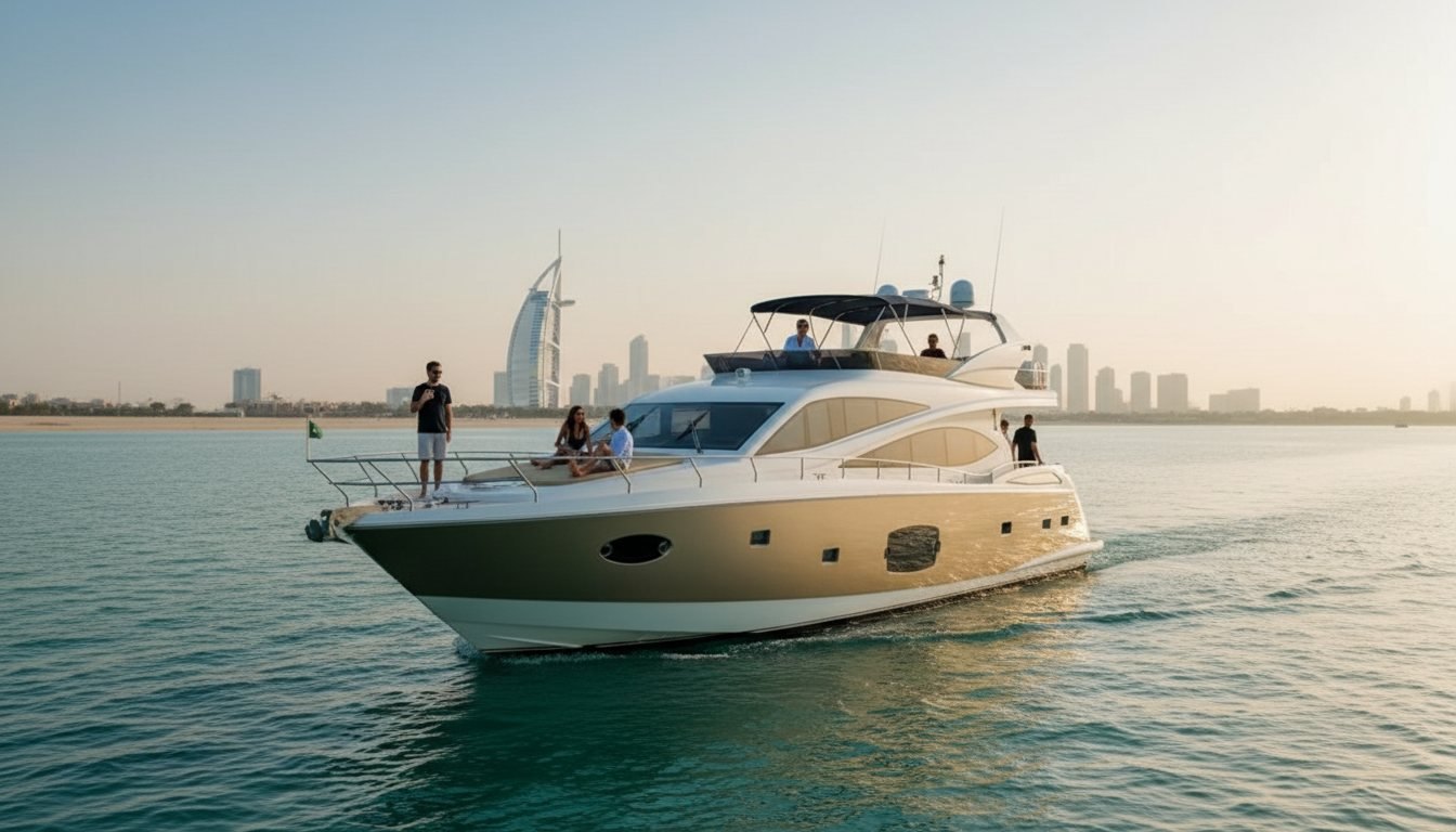 White motor yacht cruising toward illuminated Dubai landmarks over calm water