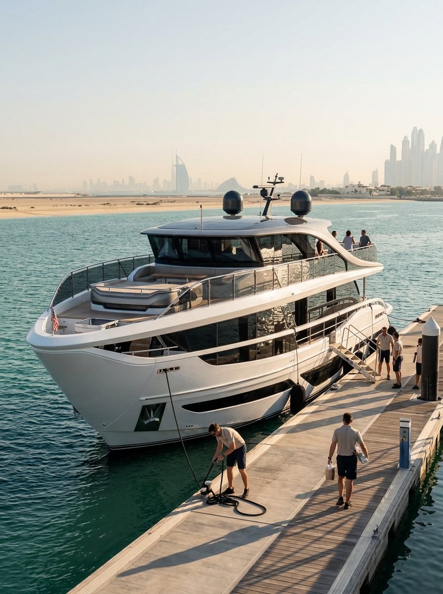 Yacht crew standing on a marina pier against the expansive Dubai coastline