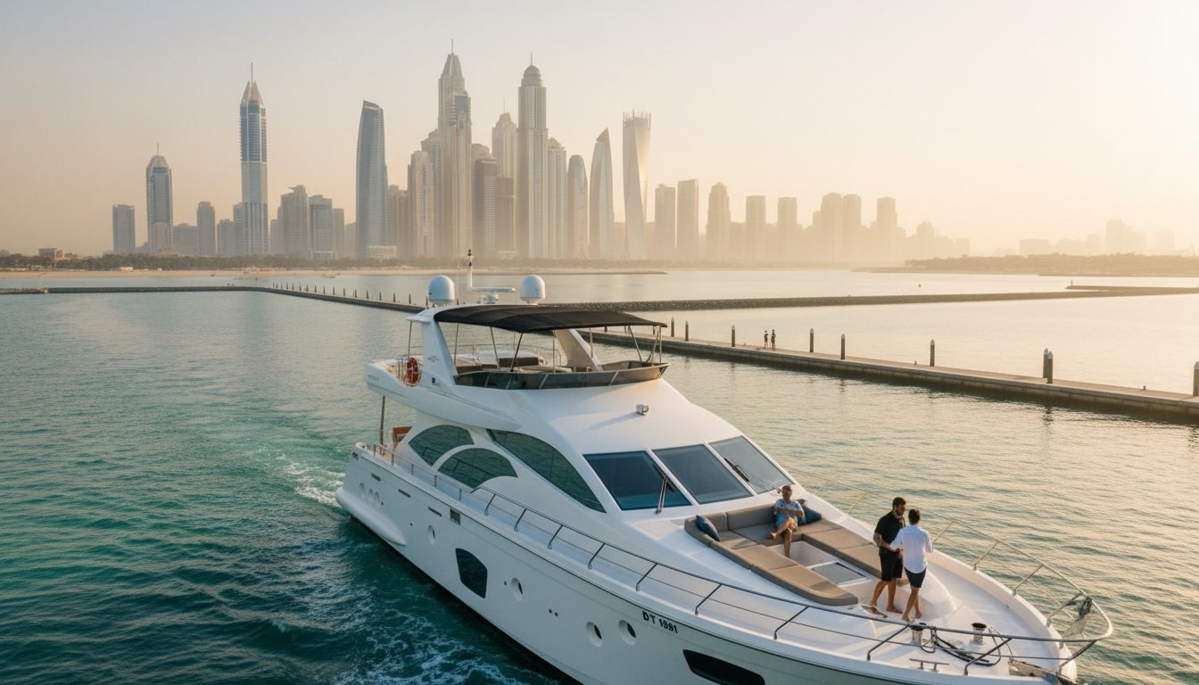 Yacht deck looking toward the illuminated skyscrapers and berths of Dubai Marina